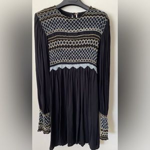 Free People Black Crepe Smocked & Embroidered Dress  Sz XS